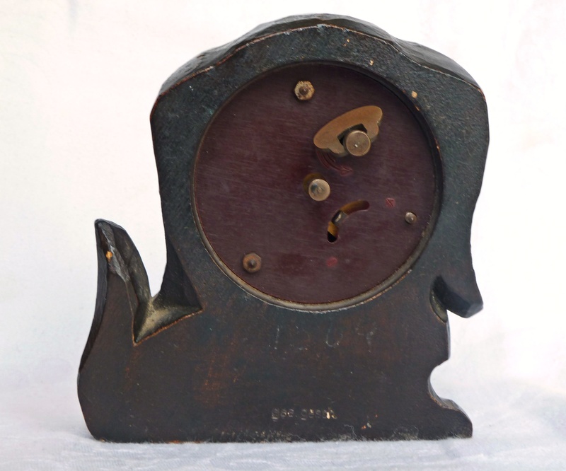 RARE OSWALD ROLLING EYE DOG CLOCK, CARVED WOOD DACHSHUND, 1920'S