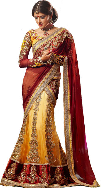 Charming yellow and red golden fancy embroidered w Lehenga Style Saree