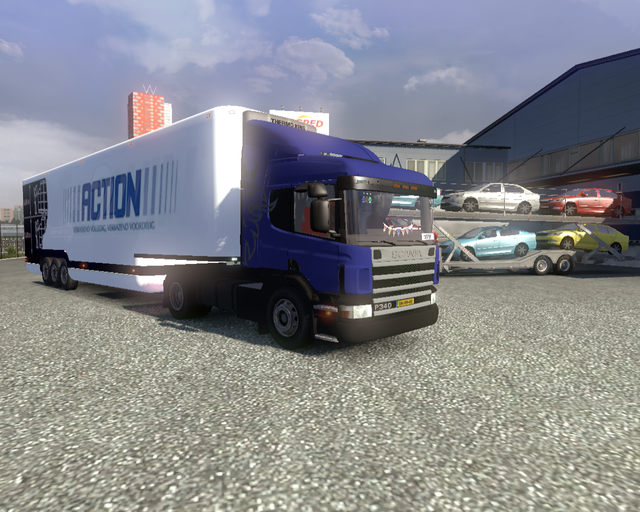 ets2 Scania P340 4x2 + dubbeldeks trailer Action prive skin ets2