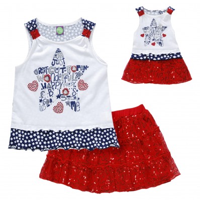 Hearts and Stars Graphic Top and Tiered Mesh Skirt Matching Clothes