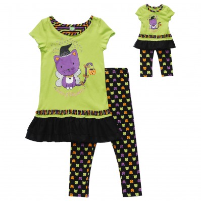 "Halloween Kitten" Short Sleeve Drop Waist Tunic a Matching Clothes