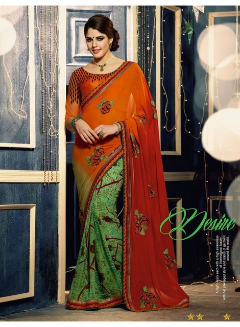 Deep Orange And Mint Green Color Saree Designer Indian Sarees Collection At Lushika.com