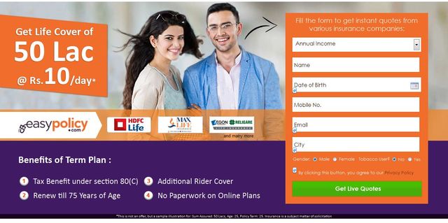 50 Lac Cover Get Life Cover of 50 Lac @ Rs.10/day*