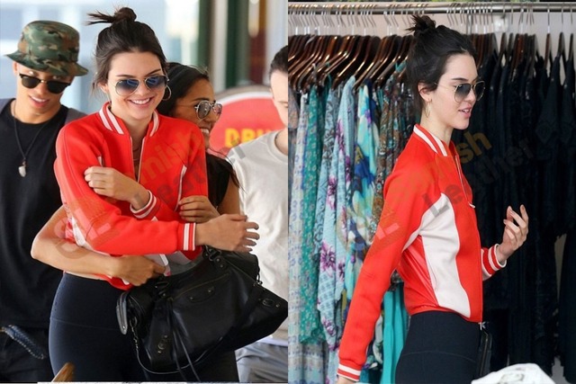 Kendall Jenner White striped red leather Jacket Samish Leather Jackets