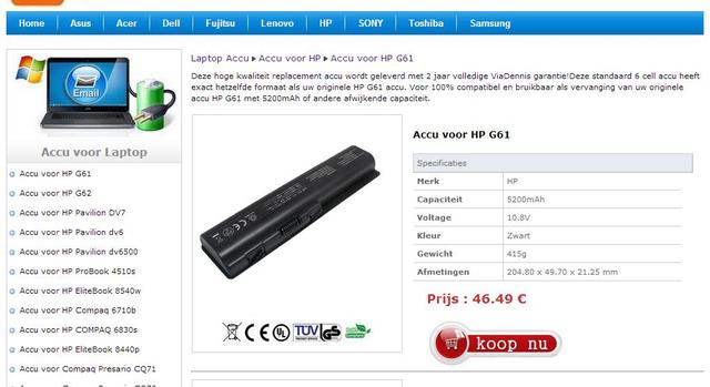 Accu voor HP G61 koopaccu