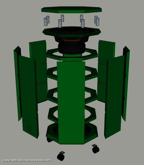 Dual opposed sub exploded Dual Opposed Octo subwoofer