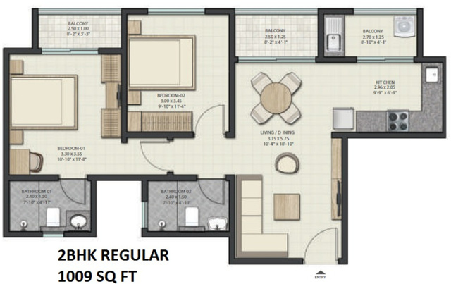 Sobha Dream Gardens 2 BHK Apartment Unit Plan 1 - Picture Box