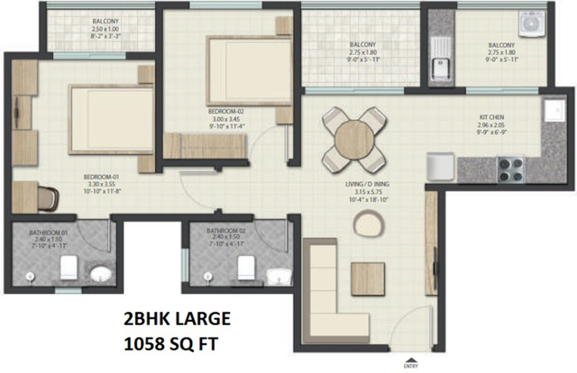 Sobha Dream Gardens 2 BHK Apartment Unit Plan 2 - Picture Box