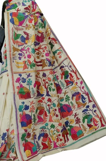 LWPS1K3BS1032308 Off White Hand Embroidered Kantha Daily Wear Saree