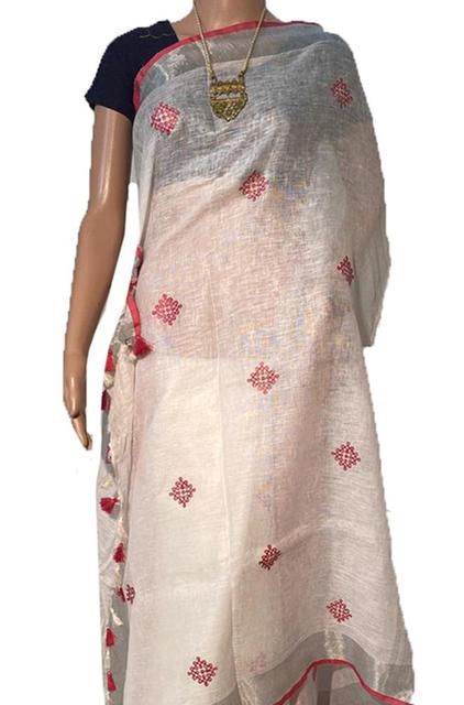 LWPS1L2MN1050404 Off White Embroidered Linen Saree Daily Wear Saree