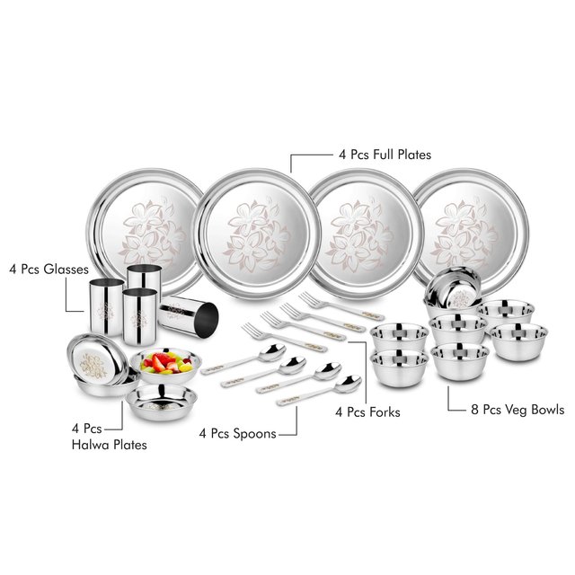 Buy Stainless Steel Glory Dinner set in india (5) Stainless Steel Glory Dinner Set, 28 piece, Silver