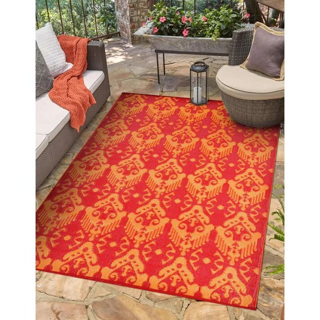 IKAT RED ORANGE OUTDOOR RUG Picture Box