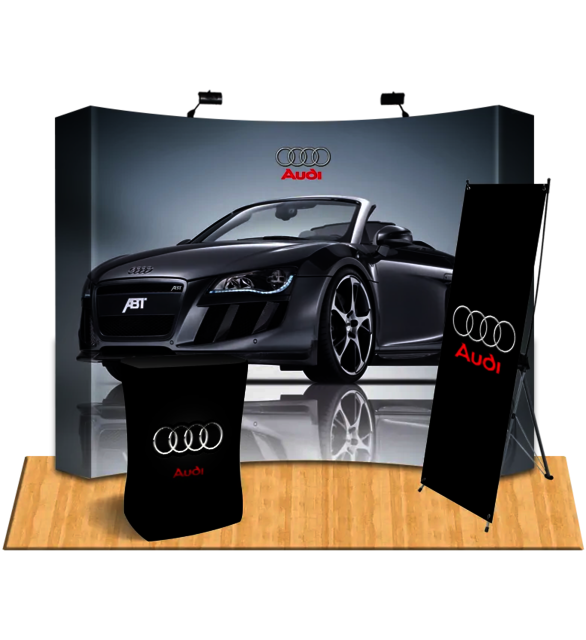 curve-fabric-pop-up-booth x-banner-stand ocx-podiu trade show display