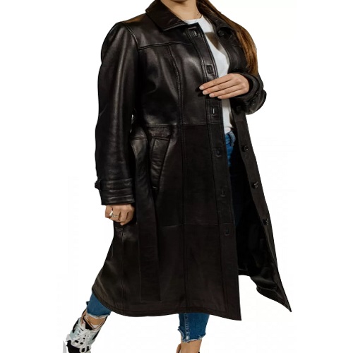 women edgy real sheepskin black leather long trenc Picture Box