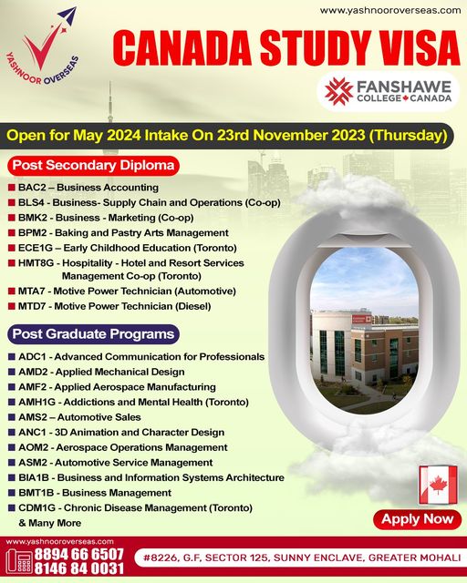 Canada Study Visa With Fanshawe College - Open for Yashnoor Overseas Education Consultant