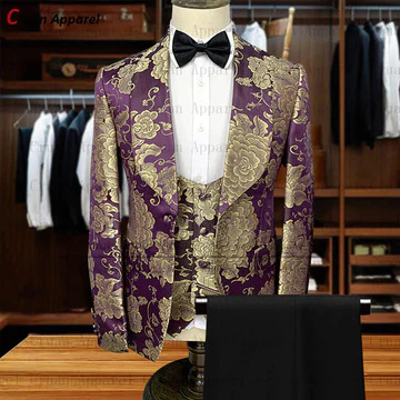 Purple Gold Floral Wedding Men Suit Set Exquisite Purple Gold Floral Wedding Men's Suit Set