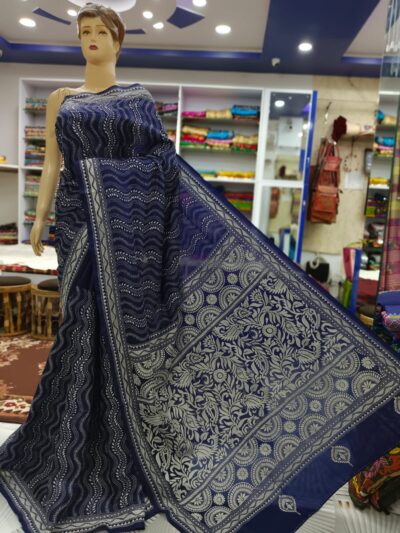 PURE BANGALORE SILK BLUE SAREE WITH WHITE KANTHA S BANGALORE SILK KANTHA SAREE