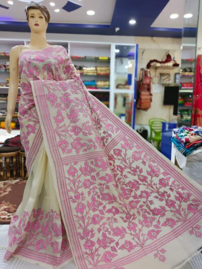 PURE TUSSAR KANTHA SILK SAREE IN A PRISTINE WHITE  PURE TUSSAR SILK