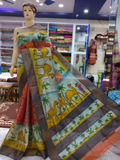 PURE TUSSAR SILK KANTHA SAREE BROWN HUE,ADORNED WI PURE TUSSAR SILK