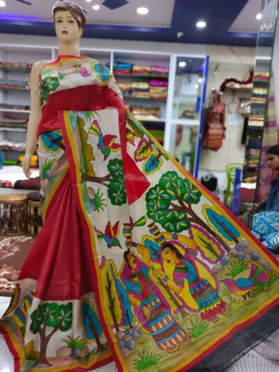 PURE TUSSAR SILK KANTHA SAREE IN RED AND WHITE PURE TUSSAR SILK