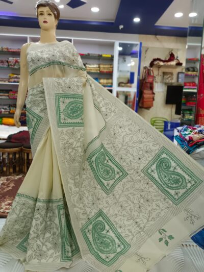 PURE TUSSAR SILK KANTHA SAREE IN WHITE AND GREEN PURE TUSSAR SILK