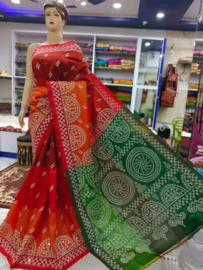 BISNUPURI KATAN SILK KANTHA SAREE IN ORANGE GREEN  PURE BISHNUPURI KATAN SILK