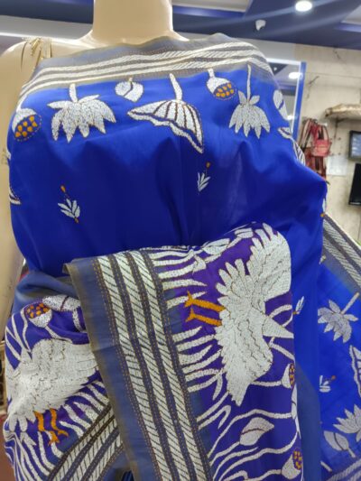 BISNUPURI KATAN SILK KANTHA SAREE IN INK BLUE COLO PURE BISHNUPURI KATAN SILK