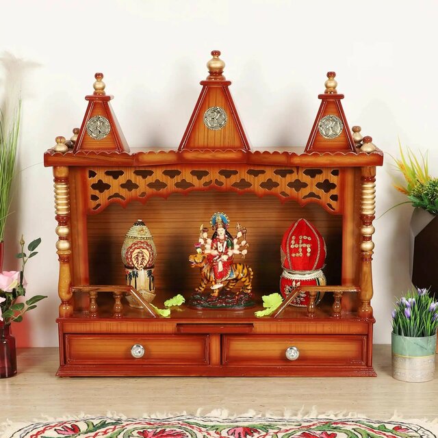 Sunanda-BhawanM-teak-pooja-mandir Sunanda Bhawan Medium Wall Mount Pooja Mandir without Door