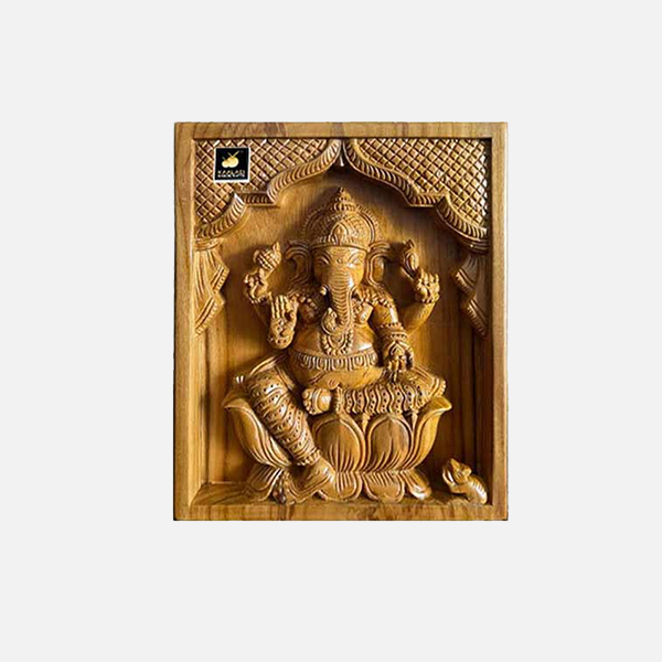 Teak Wood Carved Lord Ganesha Panel Wooden Craft