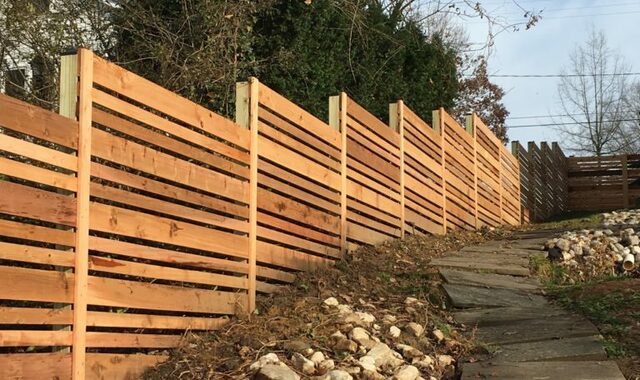 Horizontal-Cedar-Fence-with-Alternating-sized-Boar Fence & Deck