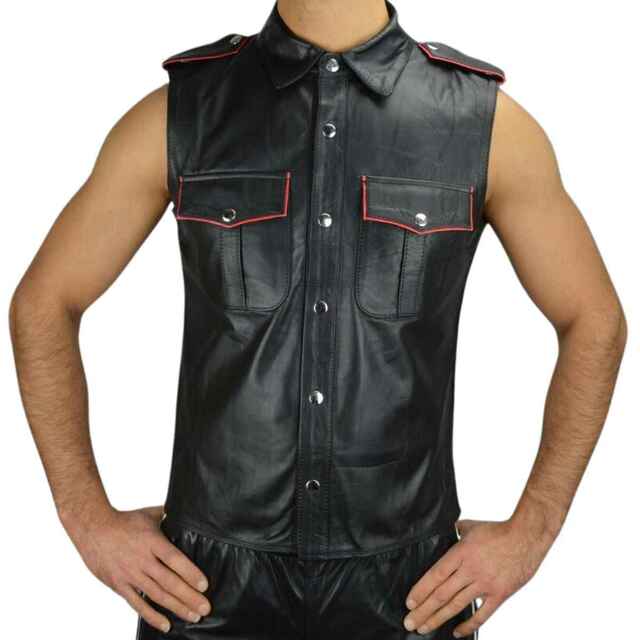 Sleeveless Leather Shirt with piping Leather Shirts