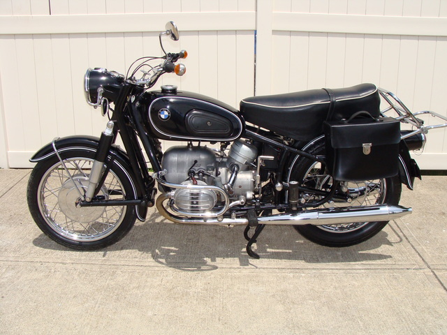 644397 '69 R50-2 Black. Denfield, Fehling 003 SOLD.....1969 BMW R50/2 Black, #644397. Has 32,754 Mi. 10K Service. Earls fork, Albert headlight mirrors, Headlight guard, Fahling engine guards, Denfeld leather saddlebags.