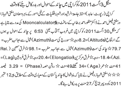 Tuesday 30th August Moon in Karachi - 